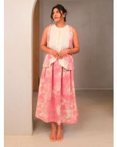 Cream Pink Printed Cotton Vest with Skirt - Set of 2
