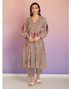 Brown White Striped Cotton Patch Work Kurta with Pants - Set of 2