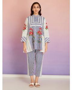 Blue White Stripes Cotton Patch Work Co-ord Set - Set of 2