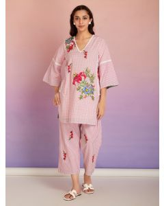Pink White Checkred Cotton Patch Work Co-ord Set - Set of 2