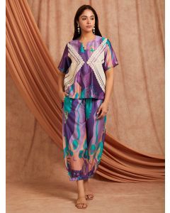 Purple Printed Chanderi Lace Work Co-ord Set - Set of 2