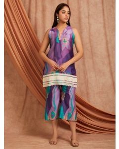 Purple Lavender Printed Chanderi Kurta with Culottes - Set of 2