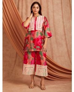 Red Printed Chanderi Kurta with Culottes - Set of 2