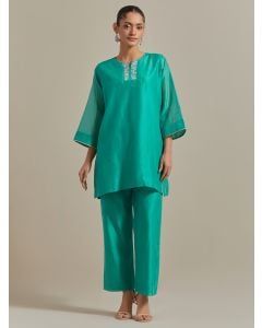 Aqua Green Hand Embroidered Chanderi Co-ord Set - Set of 2