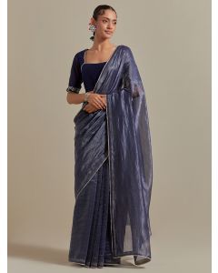 Blue Zari Striped Chanderi Silk Saree with Blouse- Set of 2