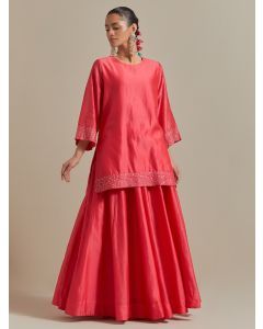 Pink Hand Embroidered Chanderi Kurta with Skirt - Set of 2