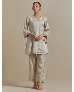 Grey Embroidered Handwoven Zari Silk Co-ord Set - Set of 2