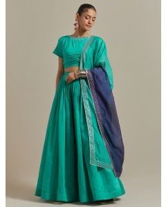 Green Embroidered Chanderi Lehenga Set- Set of 3