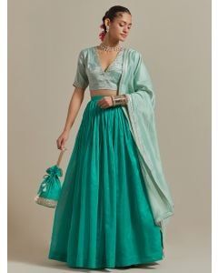 Green Zari Embroidered Chanderi Lehenga Set- Set of 3
