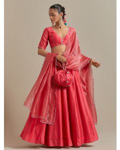 Pink Embroidered Chanderi Lehenga Set- Set of 3