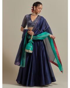 Blue Zari Striped Chanderi Silk Lehenga Set- Set of 3