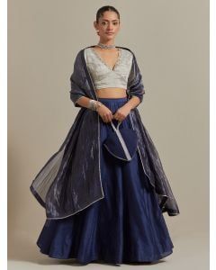 Silver Embroidered Chanderi Lehenga Set- Set of 3