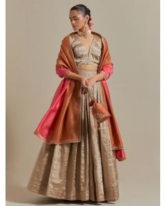 Beige Zari Embroidered Chanderi Lehenga Set- Set of 3