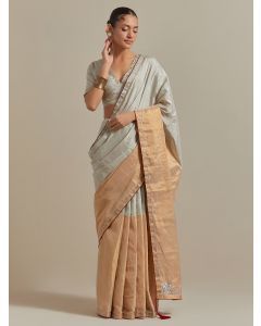 Silver Beige Embroidered Chanderi Saree with Blouse- Set of 2