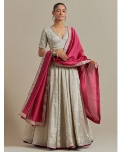 Silver Embroidered Chanderi Lehenga Set- Set of 3