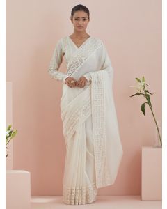 White Chanderi Saree with Blouse- Set of 2