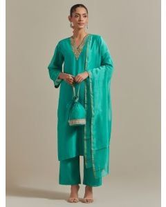 Aqua Green Hand Embroidered Chanderi Suit - Set of 3