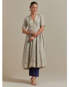 Grey Handwoven Zari Silk Kurta with Pants - Set of 2