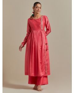 Pink Hand Embroidered Chanderi Kurta with Pants - Set of 2