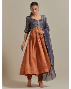Blue Brown Zari Embroidered Chanderi Striped Suit - Set of 3
