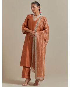 Brown Lace Work Chanderi Embroidered Suit - Set of 3