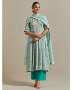 Mint Green Handwoven Zari Silk Suit - Set of 3