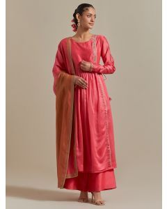 Pink Hand Embroidered Chanderi Suit - Set of 3