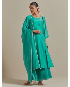 Aqua Green Hand Embroidered Chanderi Suit - Set of 3
