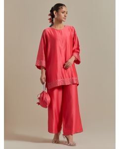 Pink Hand Embroidered Chanderi Co-ord Set - Set of 2