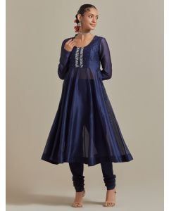 Blue Hand Embroidered Chanderi Kurta with Churidaar - Set of 2