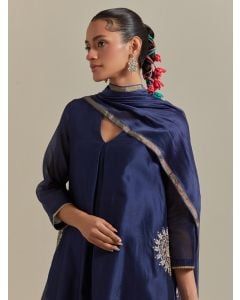 Blue Hand Embroidered Chanderi Silk Suit - Set of 3