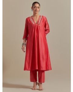 Pink Hand Embroidered Chanderi Kurta with Pants - Set of 2