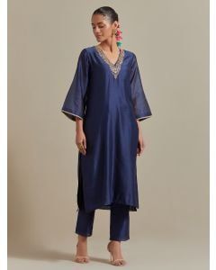 Blue Hand Embroidered Chanderi Kurta with Pants - Set of 2