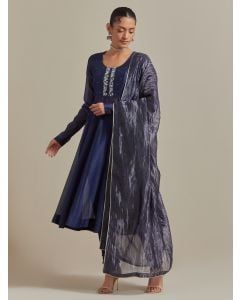 Blue Hand Embroidered Chanderi Suit - Set of 3