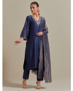 Blue Hand Embroidered Chanderi Suit - Set of 3