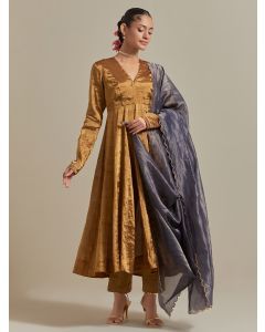 Golden Handwoven Zari Silk Suit - Set of 3