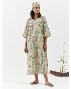 Beige Printed Cotton Linen Dress
