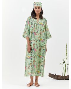 Green Printed Cotton Linen Dress