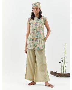 Beige Printed Cotton Linen Tunic with Palazzo - Set of 2