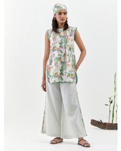 Ivory Printed Cotton Linen Tunic with Palazzo - Set of 2