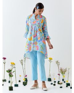 Blue Printed Cotton Linen Co-ord Set - Set of 2