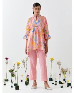 Peach Printed Cotton Linen Co-ord Set - Set of 2