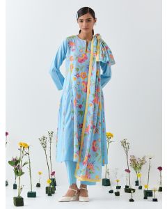 Blue Printed Cotton Linen Suit - Set of 3