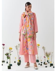 Peach Printed Cotton Linen Suit - Set of 3
