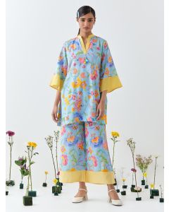 Blue Printed Cotton Linen Co-ord Set - Set of 2