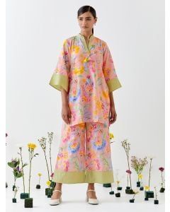 Peach Printed Cotton Linen Co-ord Set - Set of 2