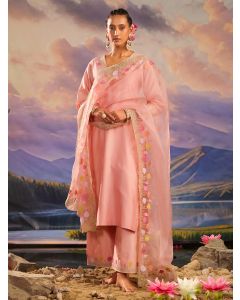 Peach Embroidered Chanderi Silk Suit- Set of 3