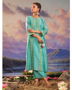 Turquoise Embroidered Chanderi Silk Kurta with Pants- Set of 2