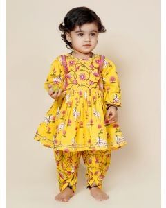 Yellow Printed Cotton Kurta with Dhoti Pants - Set of 2