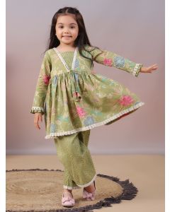 Light Green Printed Muslin Kurta with Palazzo - Set of 2